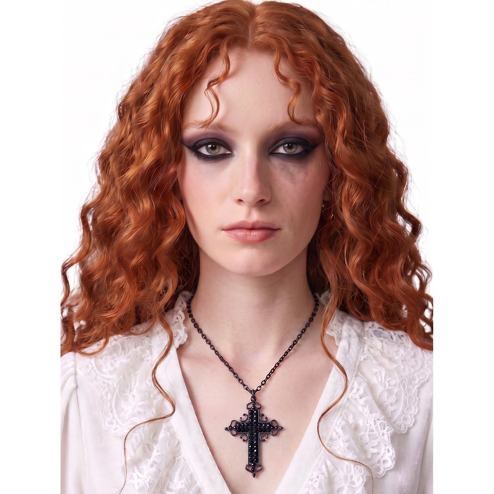 Black Rhinestone Filigree Cross Necklace Gunmetal Goth Victorian Vampire Witchy